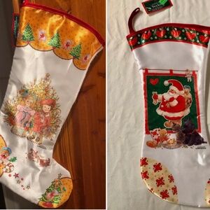3/$40 Lot of 2~VTG Giordano~18" Satin Christmas Stockings*Boy Girl Santa Cats